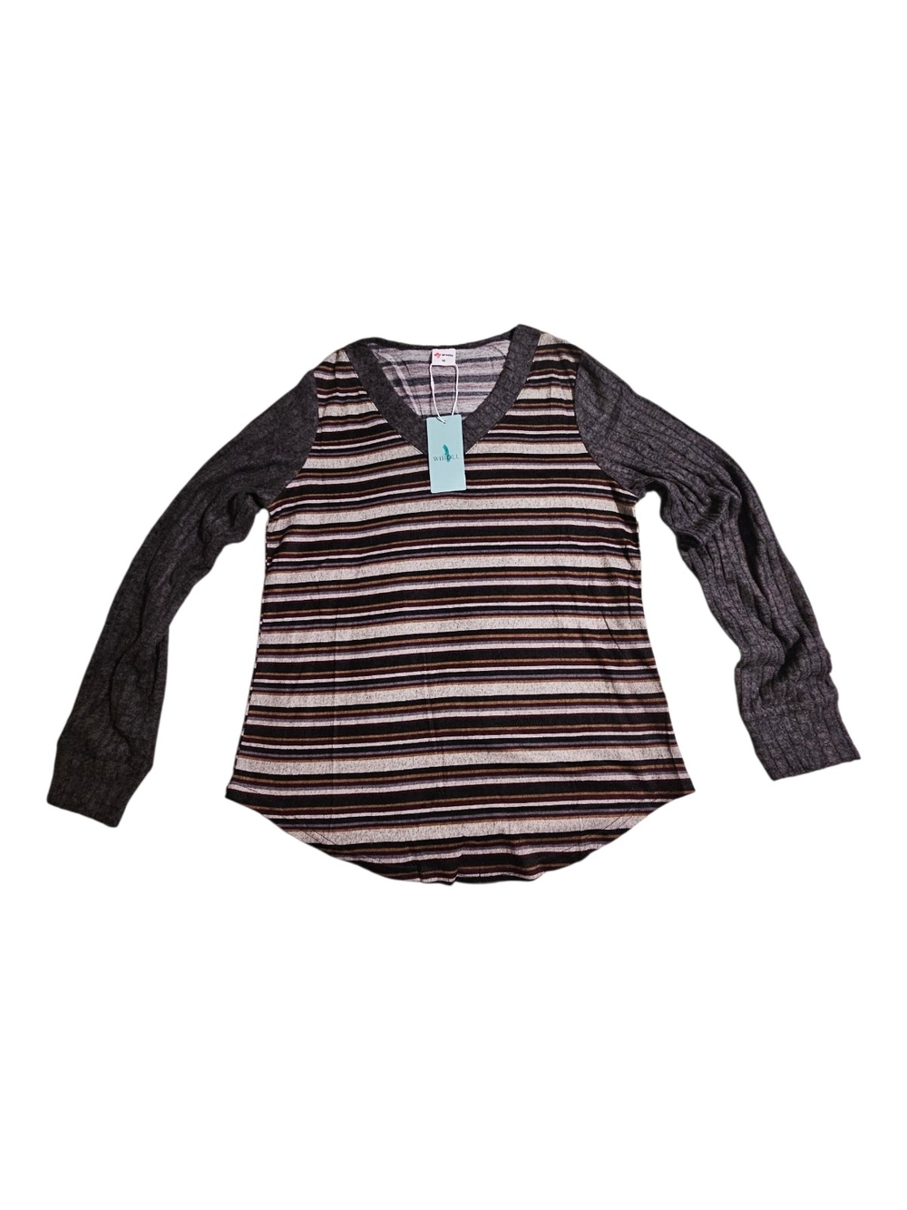 Striped V-Neck Raglan Sleeve Blouse in Brown and Gray
